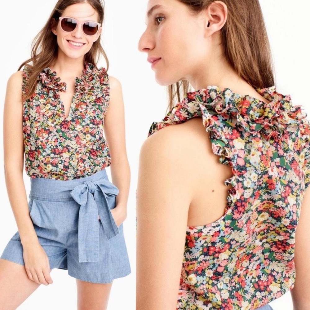 J Crew Liberty‎ Fabric Womens Sleeveless Blouse 2 Thorpe Floral Preppy Ruffle